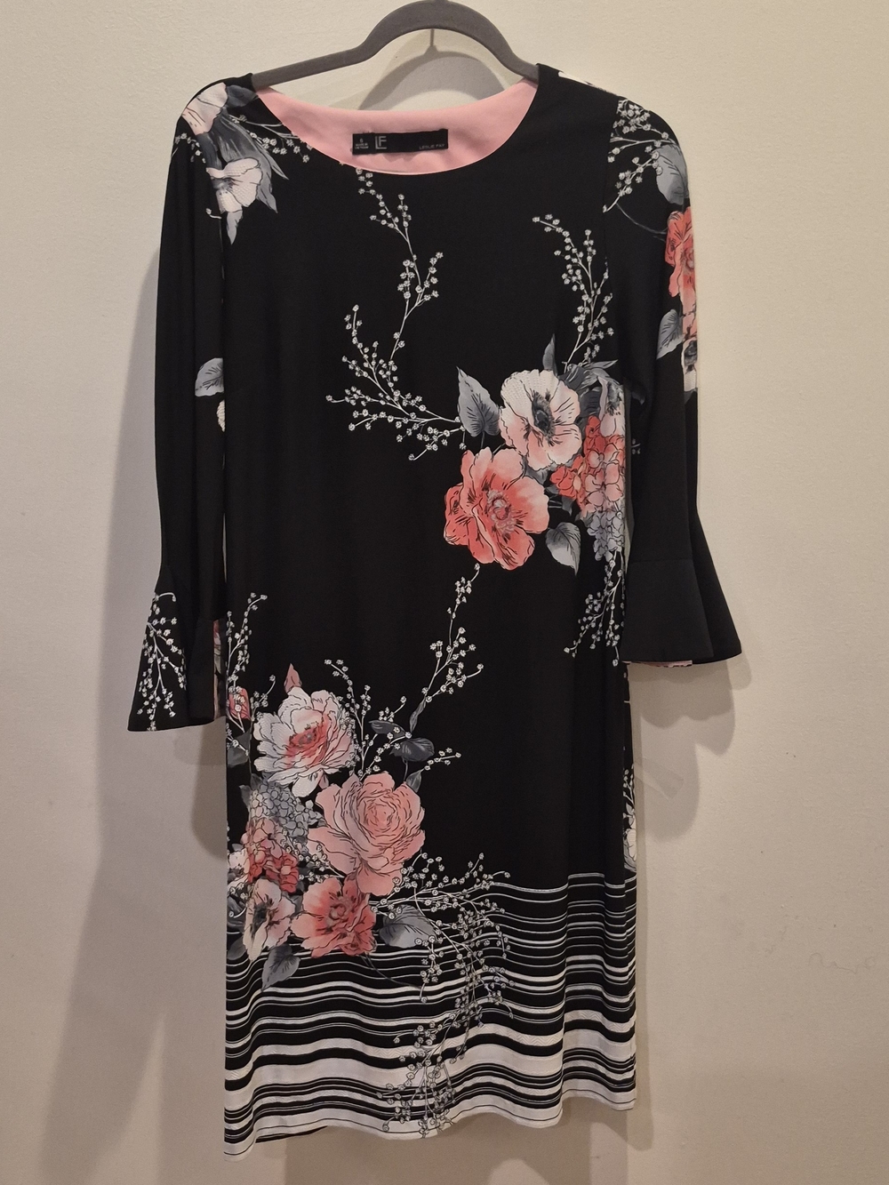 Leslie Fay Black Floral Midi Dress with Pink Accents